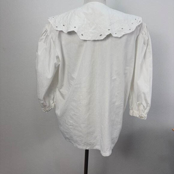 Vintage White Poet Blouse Cotton Embroidered Large Peter Pan Collar Puff Sleeves - Picture 2 of 10